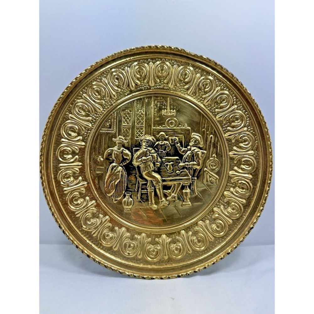 Vintage Peerage Brass Wall Hanging Plaque 12" Embossed Pub Tavern Scene England